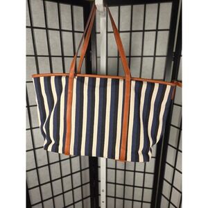 Nautical Striped Canvas Tote‎ Bag Navy Blue Cream Brown Trim Large Shoulder Bag